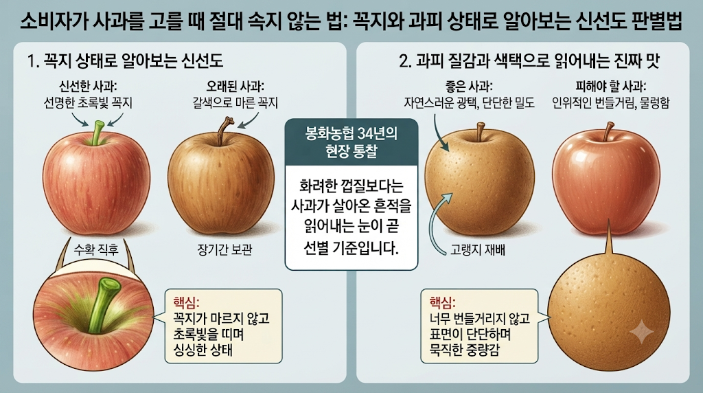 소비자가 사과를 고를 때 절대 속지 않는 법, 신선도 판별법 1 신선도 판별법